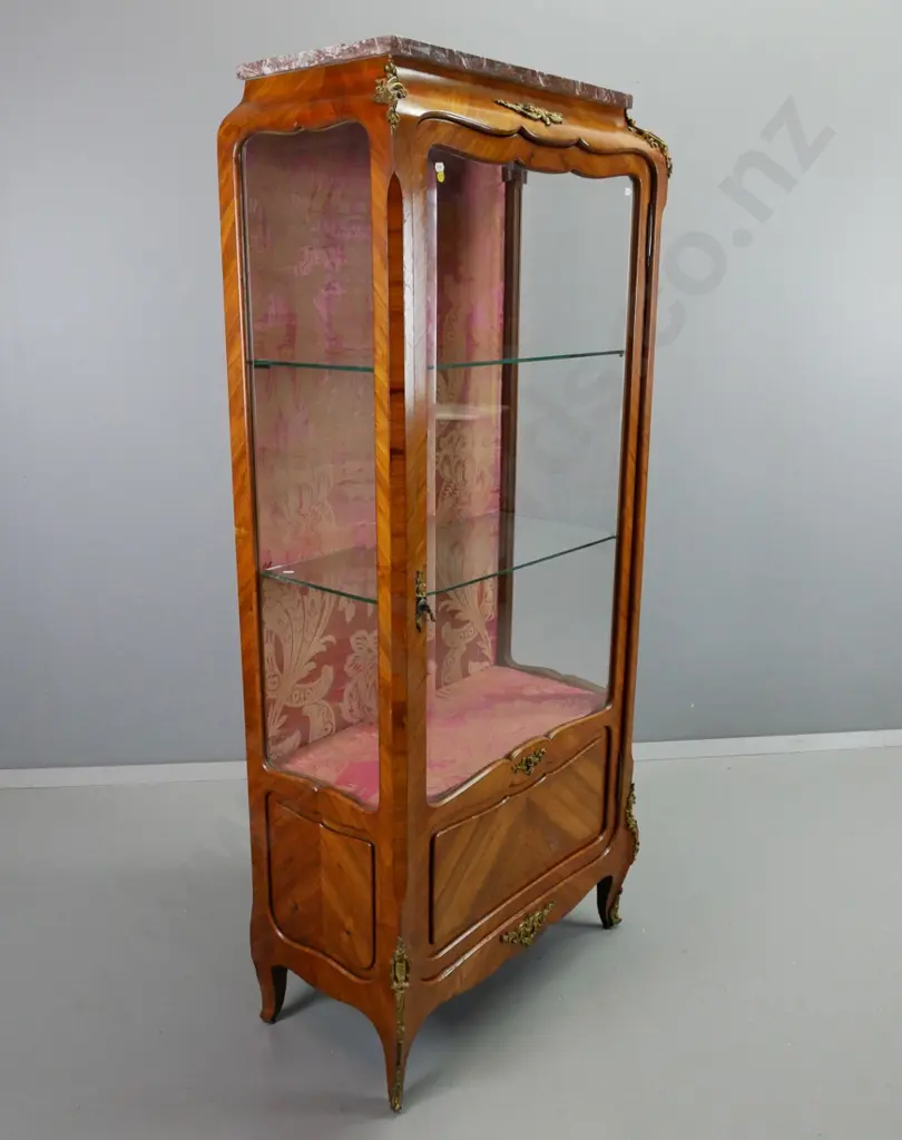 Victorian French walnut display cabinet with brown marble top, 2 glass shelves, bevelled glazed sides, ormolu decoration Image 1++