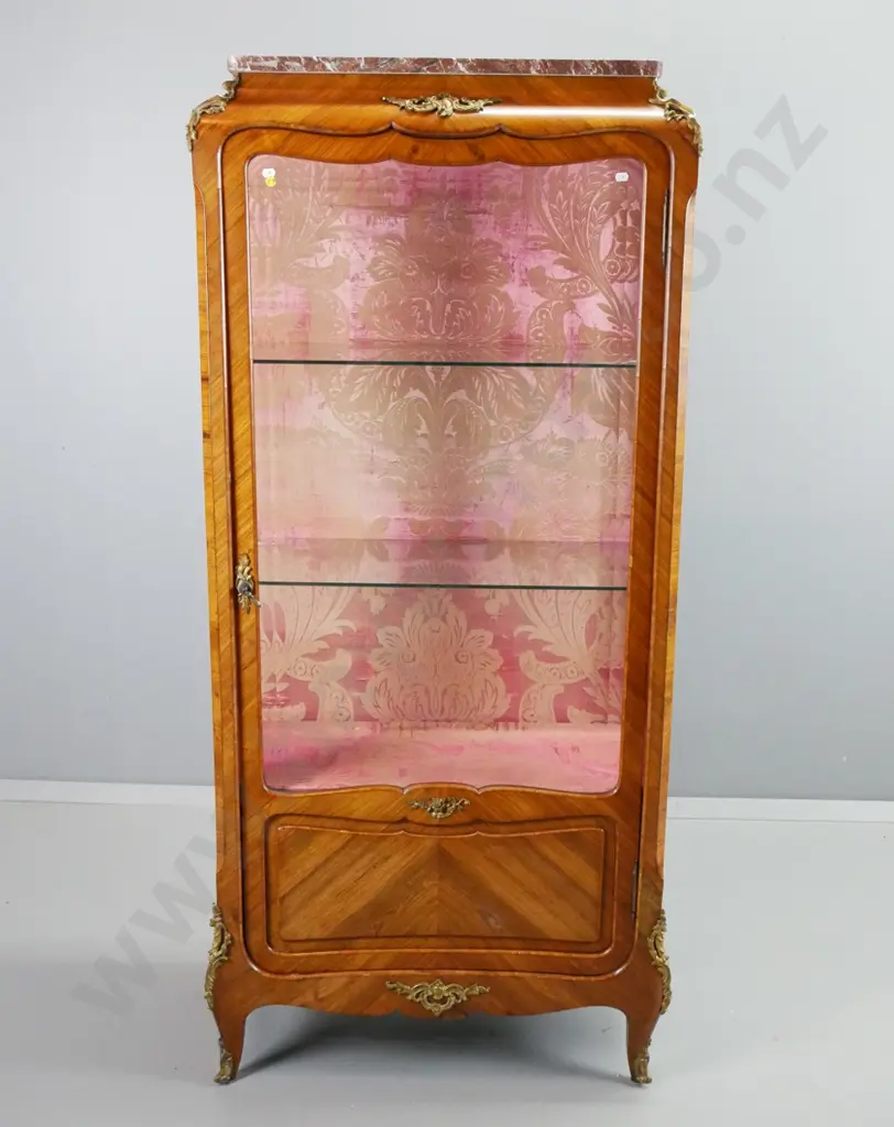 Victorian French walnut display cabinet with brown marble top, 2 glass shelves, bevelled glazed sides, ormolu decoration Image 1++