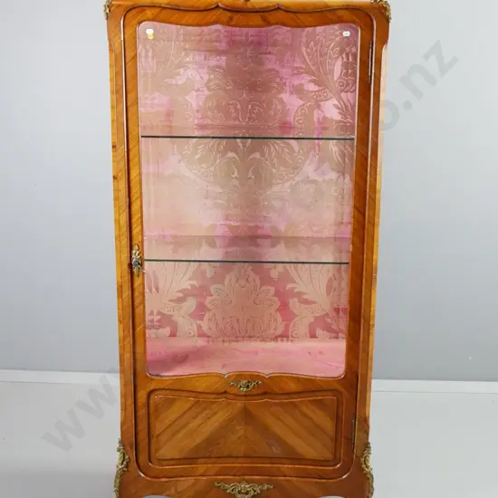 Victorian French walnut display cabinet with brown marble top, 2 glass shelves, bevelled glazed sides, ormolu decoration