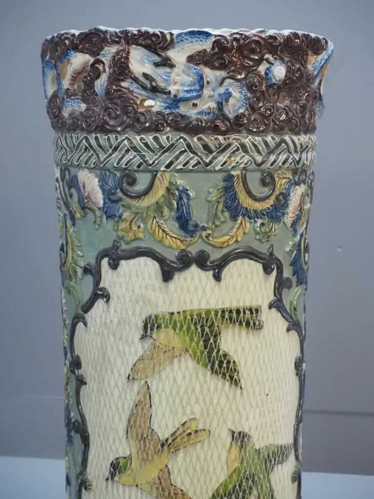 vintage Majolica style umbrella stand with floral and bird motifs - has hairline crack, chip inside rim, some glaze loss Image 1++