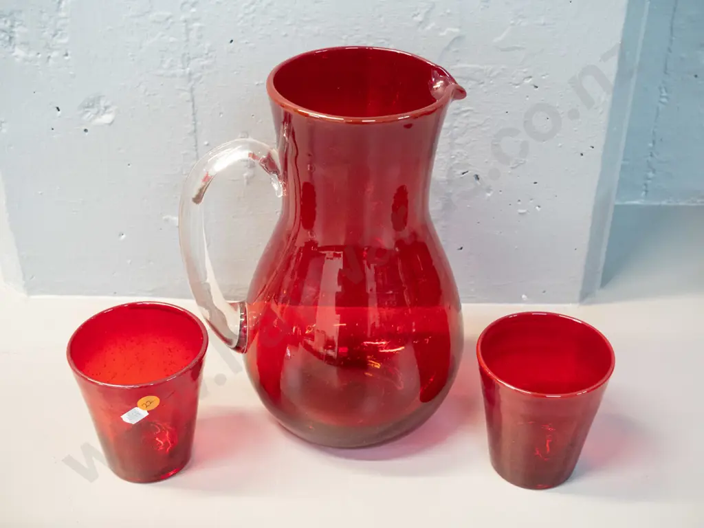 large ruby glass water jug with clear handle and 2 tumblers - jug H-265 W-200 at handle Image 1++