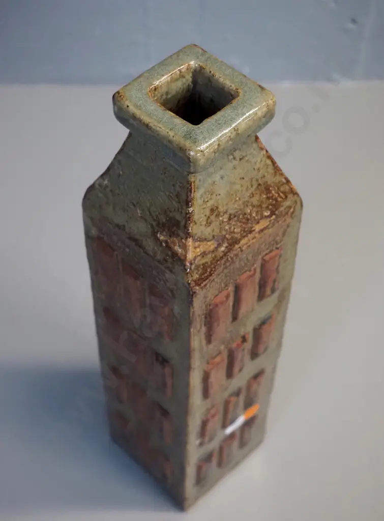 slab pottery vase with raised rectangles - marked IS (Isobel Spittle) H-370 W-80 D-80 Image 1++