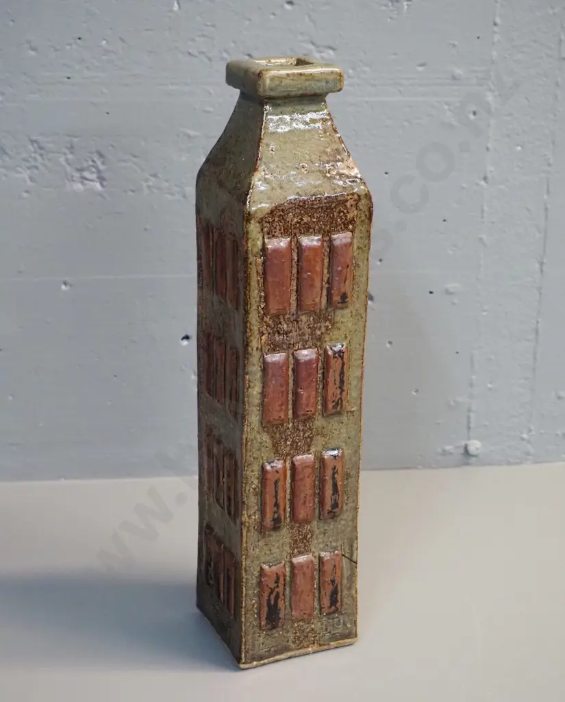 slab pottery vase with raised rectangles - marked IS (Isobel Spittle) H-370 W-80 D-80 Image 1++
