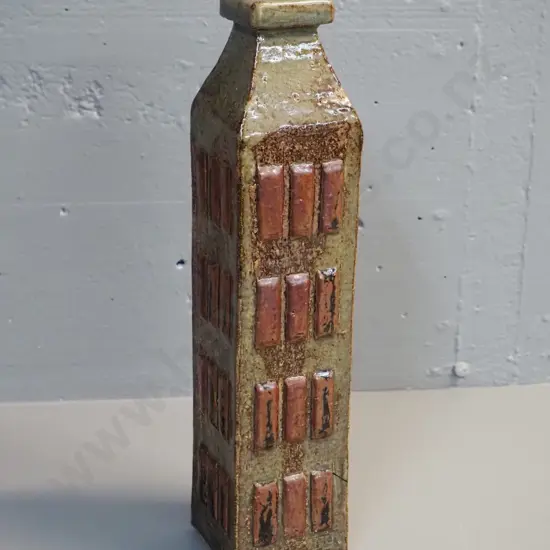 slab pottery vase with raised rectangles - marked IS (Isobel Spittle) H-370 W-80 D-80