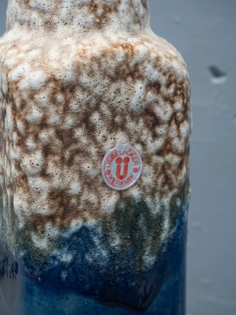 German pottery vase - brown, white and blue, with Uebelacker Keramik label H300 Image 1++