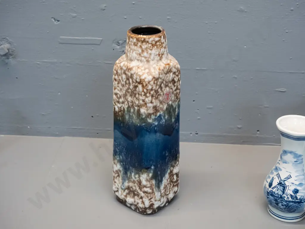 German pottery vase - brown, white and blue, with Uebelacker Keramik label H300 Image 1++