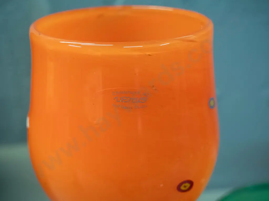 3 art glass items - orange goblet with clear twisted stem & Venus Hot Glass Studio Christchurch label, green comport and Image 1++