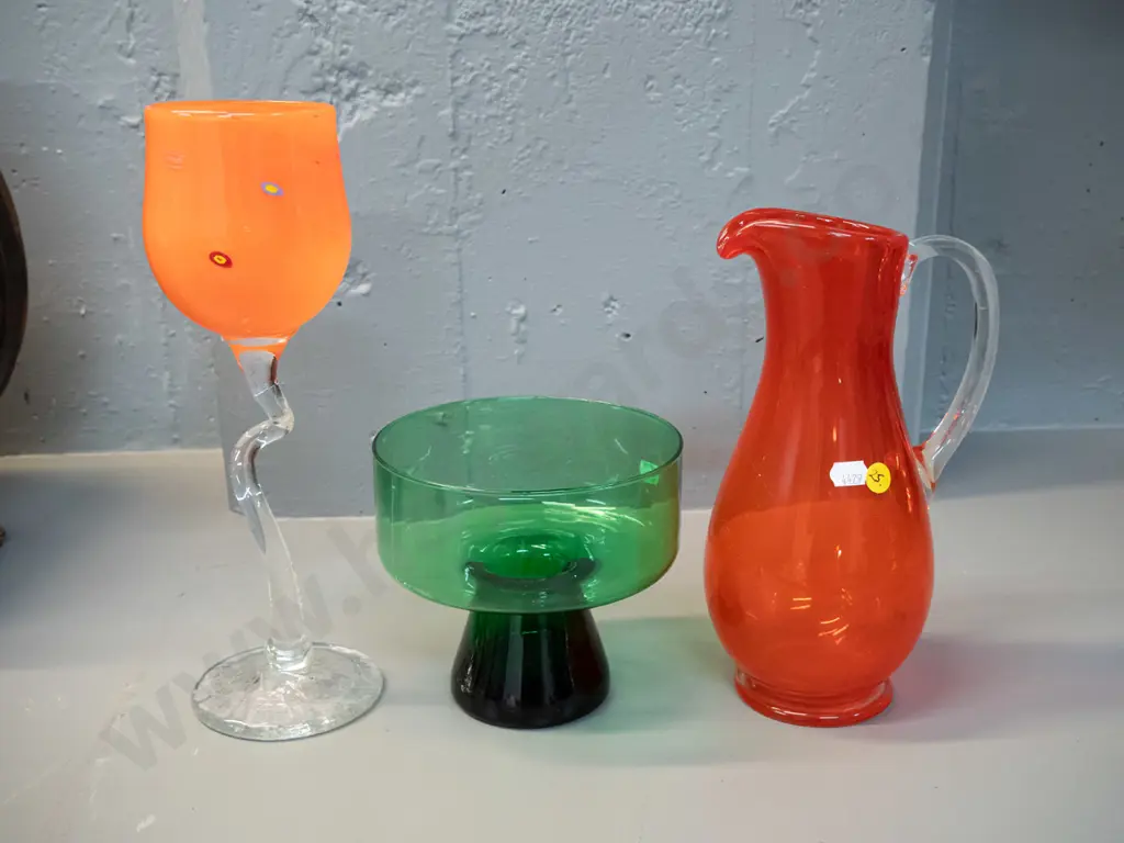 3 art glass items - orange goblet with clear twisted stem & Venus Hot Glass Studio Christchurch label, green comport and Image 1++