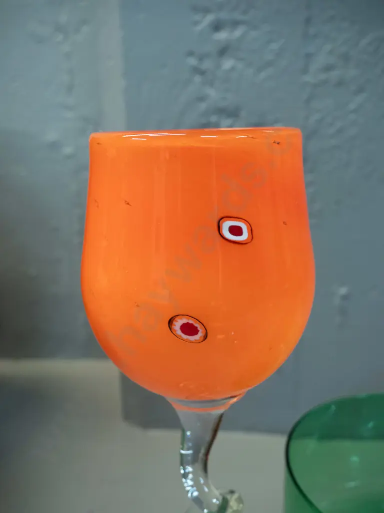 3 art glass items - orange goblet with clear twisted stem & Venus Hot Glass Studio Christchurch label, green comport and Image 1++