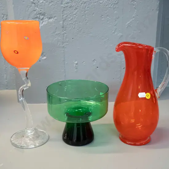 3 art glass items - orange goblet with clear twisted stem & Venus Hot Glass Studio Christchurch label, green comport and