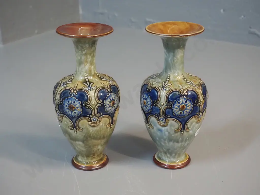 pair Royal Doulton raised design vases (slightly different colouring) H-190 - one vase has major repairs Image 1++
