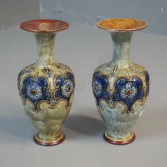 pair Royal Doulton raised design vases (slightly different colouring) H-190 - one vase has major repairs
