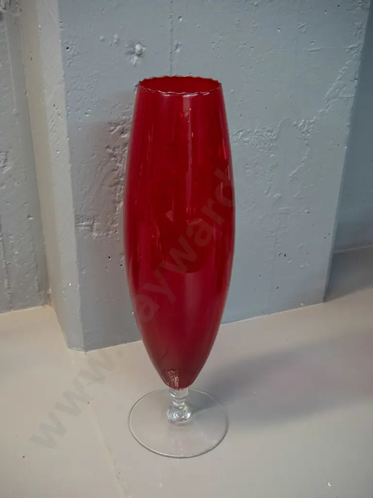 large ruby glass vase with clear stem H-490 D-130 at middle Image 1++