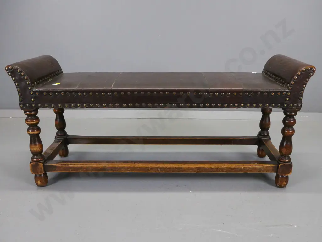 vintage oak low bench seat with embossed and studded leather top, turned legs, box stretcher base - some wear to rails, Image 1++
