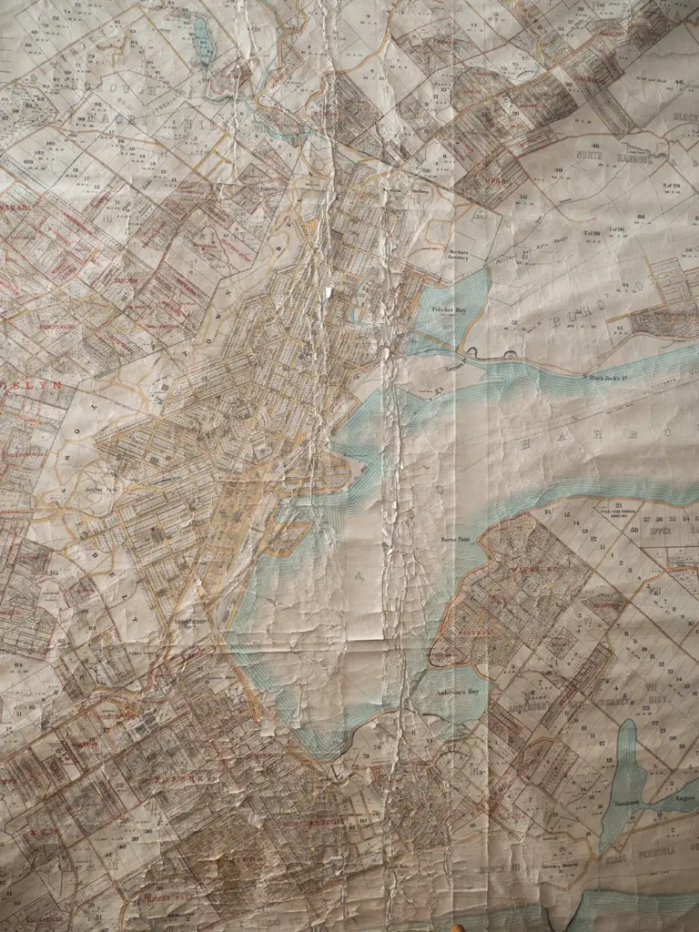 vintage very large map of Dunedin and surrounding suburbs - circa 1902-06. Staining, tears and folds. H-2610 W-2330 Image 1++