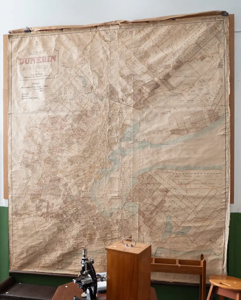 vintage very large map of Dunedin and surrounding suburbs - circa 1902-06. Staining, tears and folds. H-2610 W-2330 Image 1++