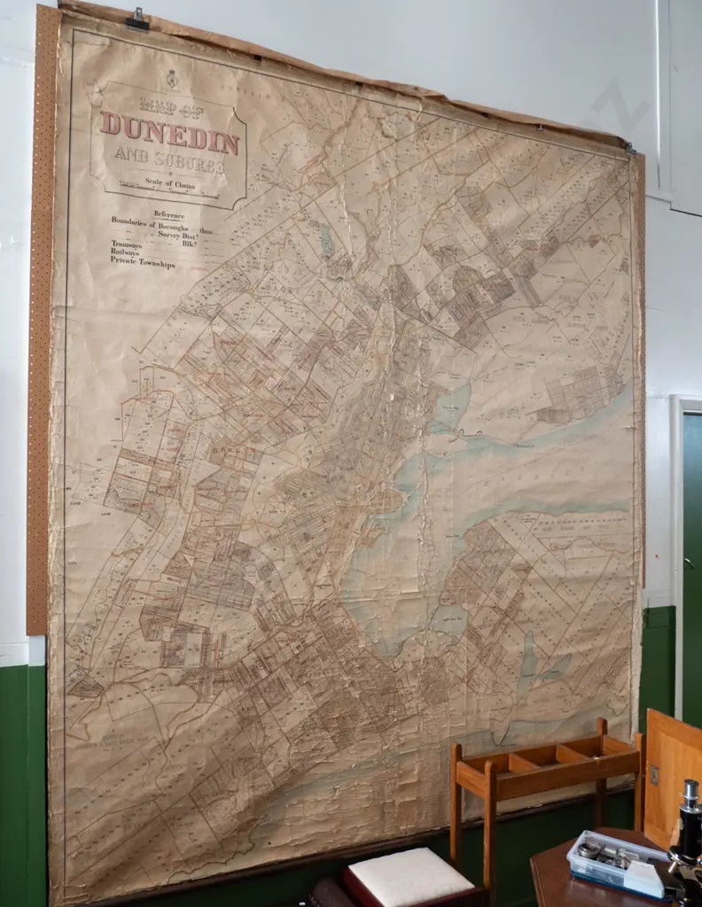 vintage very large map of Dunedin and surrounding suburbs - circa 1902-06. Staining, tears and folds. H-2610 W-2330 Image 1++