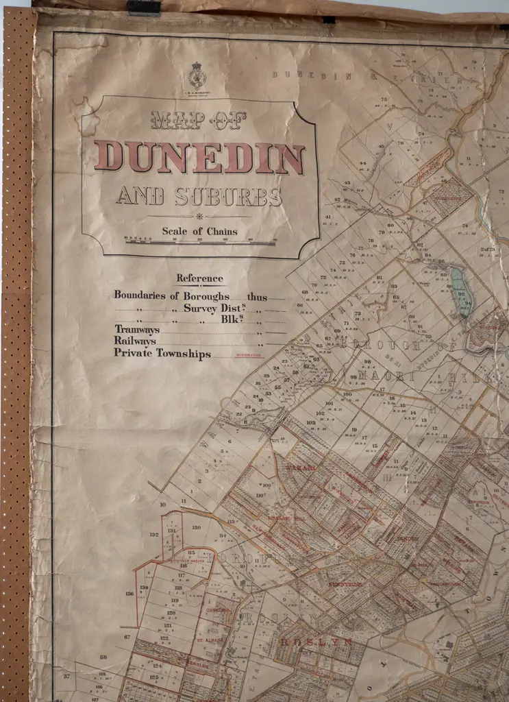vintage very large map of Dunedin and surrounding suburbs - circa 1902-06. Staining, tears and folds. H-2610 W-2330 Image 1++