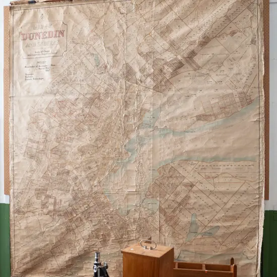 vintage very large map of Dunedin and surrounding suburbs - circa 1902-06. Staining, tears and folds. H-2610 W-2330