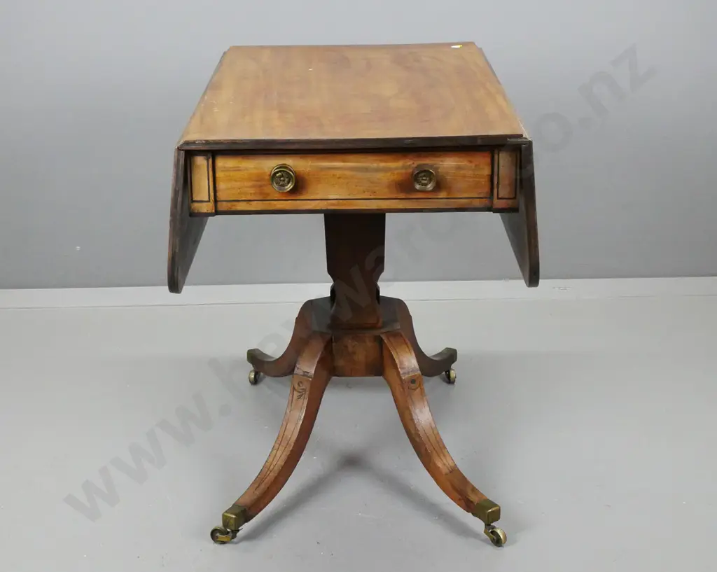 regency mahogany Pembroke table - 2 drop sides, drawer, in one end, dummy in other, w/ brass handles on ebony Image 1++