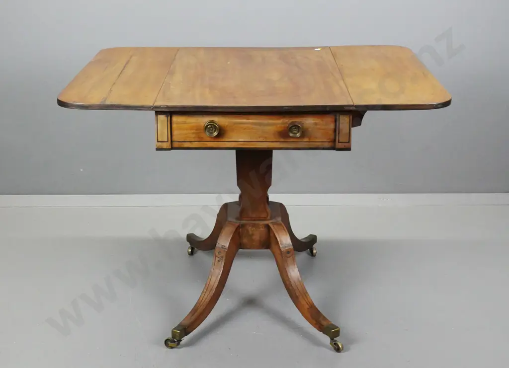 regency mahogany Pembroke table - 2 drop sides, drawer, in one end, dummy in other, w/ brass handles on ebony Image 1++