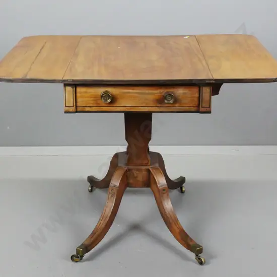 regency mahogany Pembroke table - 2 drop sides, drawer, in one end, dummy in other, w/ brass handles on ebony