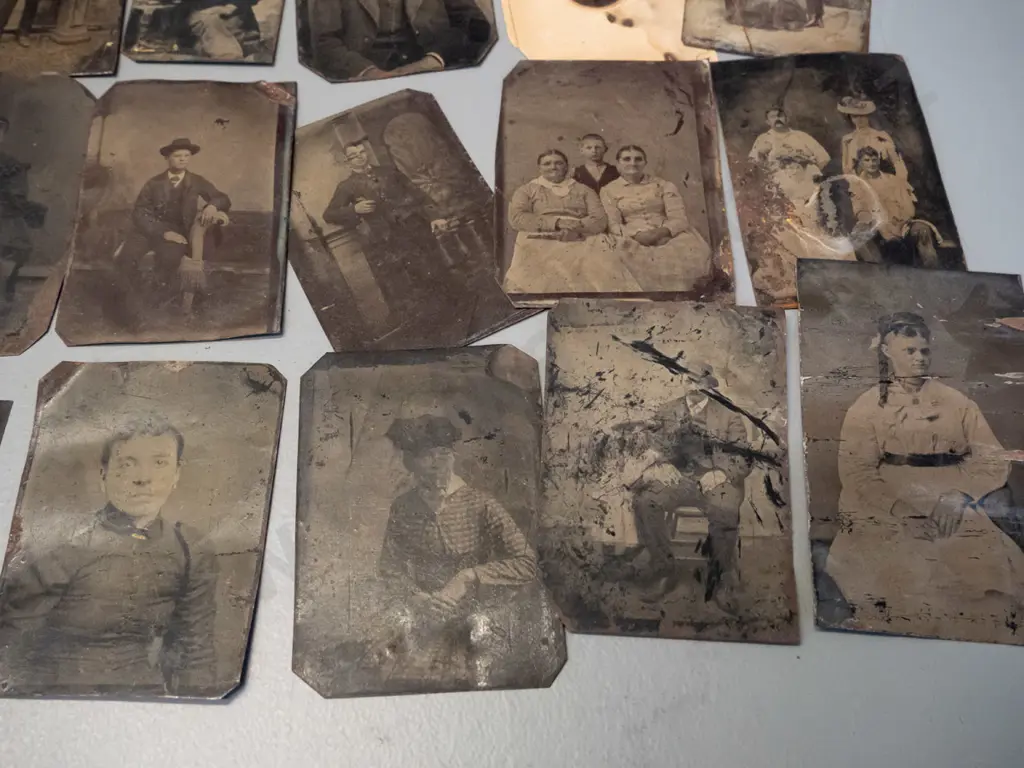 assorted antique American tintype portrait photographs, some w/ hand-painted gold jewellery highlighting and/or Image 1++