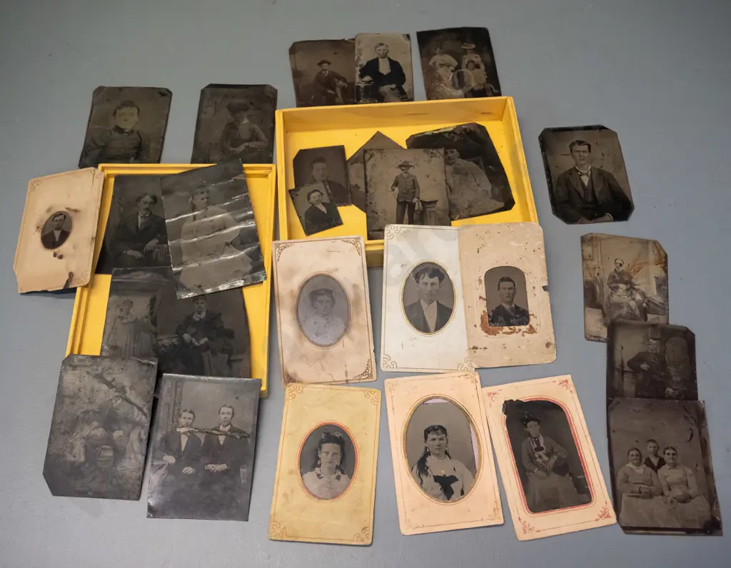 assorted antique American tintype portrait photographs, some w/ hand-painted gold jewellery highlighting and/or Image 1++
