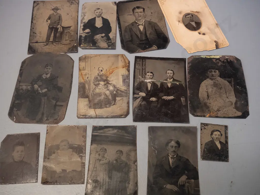 assorted antique American tintype portrait photographs, some w/ hand-painted gold jewellery highlighting and/or Image 1++