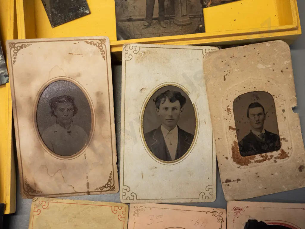 assorted antique American tintype portrait photographs, some w/ hand-painted gold jewellery highlighting and/or Image 1++