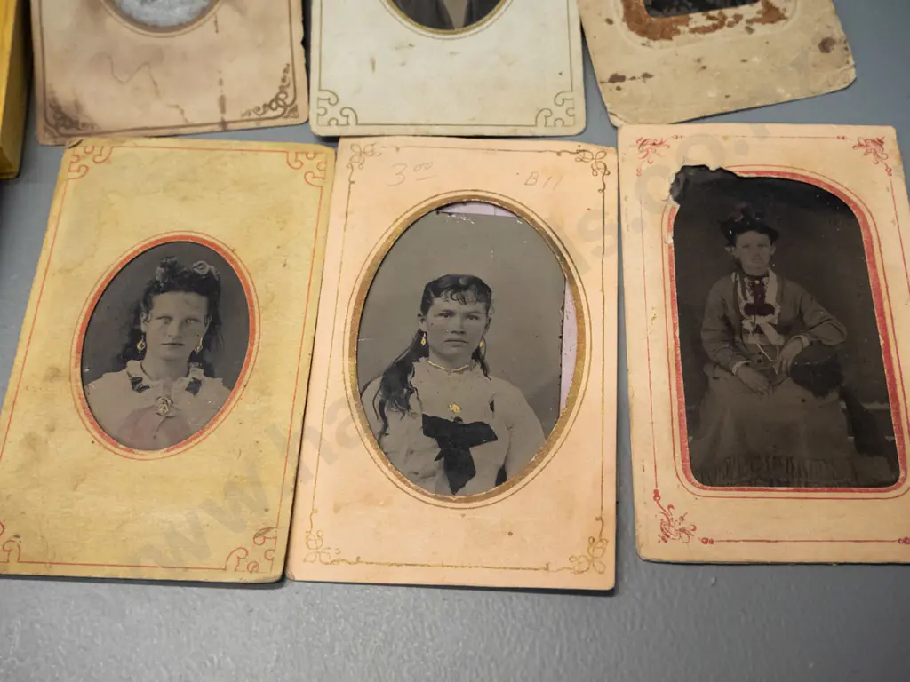 assorted antique American tintype portrait photographs, some w/ hand-painted gold jewellery highlighting and/or Image 1++