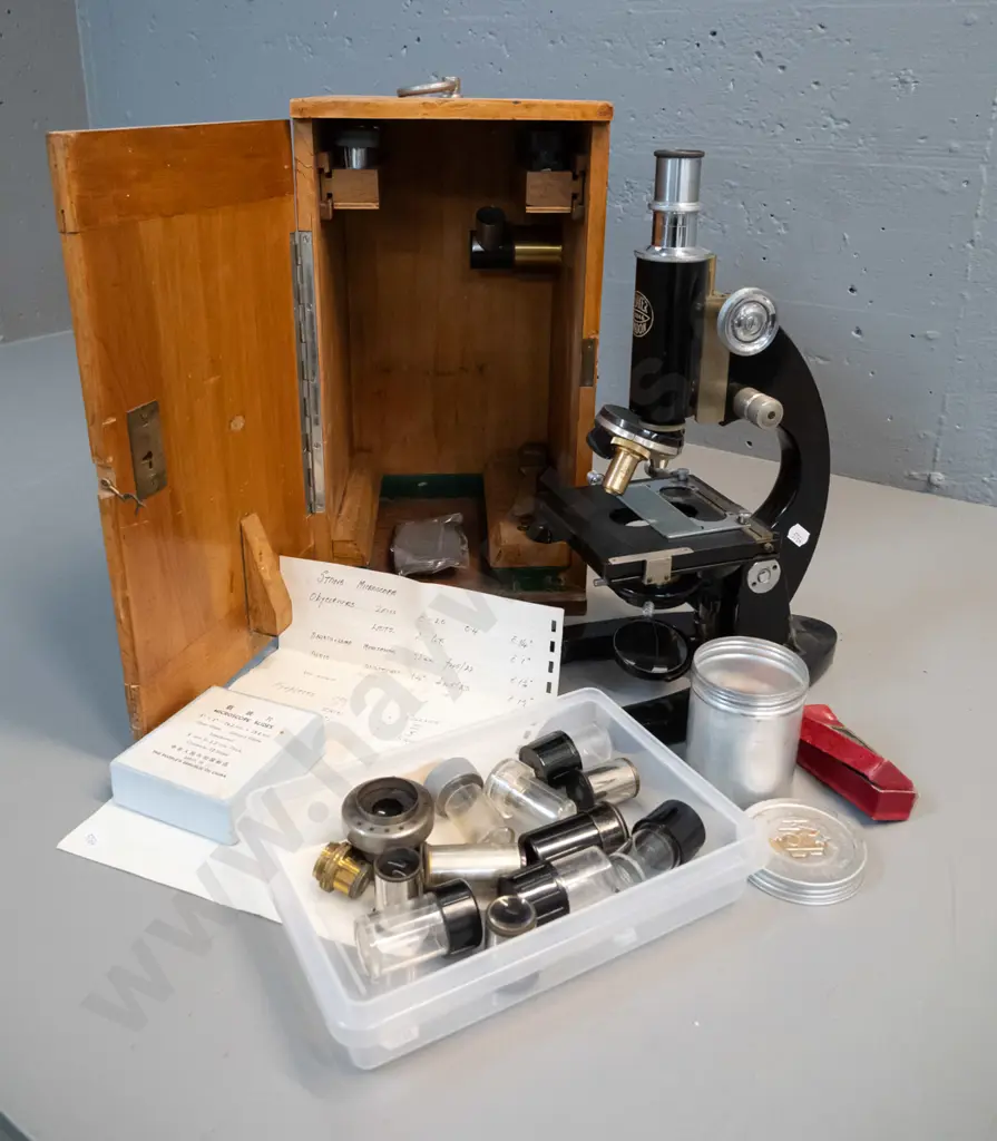 vintage microscope in timber case marked C. Baker London No. 30846, with assorted eyepieces and other Image 1++