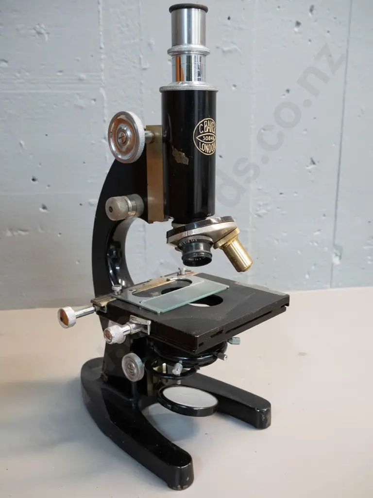 vintage microscope in timber case marked C. Baker London No. 30846, with assorted eyepieces and other Image 1++
