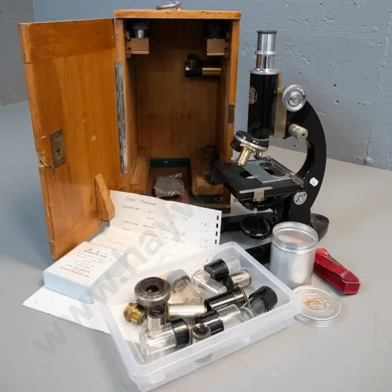vintage microscope in timber case marked C. Baker London No. 30846, with assorted eyepieces and other