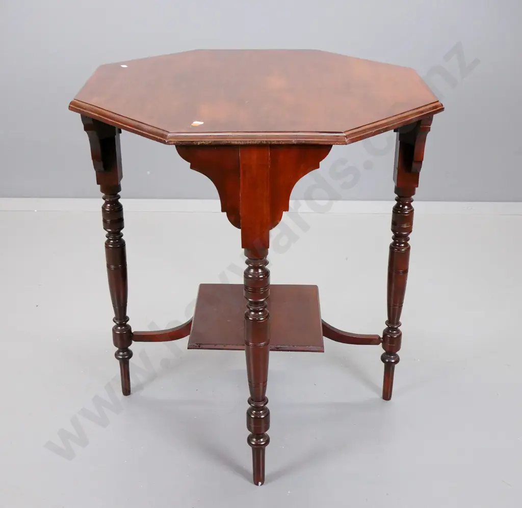 Edwardian kauri octagonal top table on turned legs, square bottom shelf, some unevenness to polish on top H-780 720x720 Image 1++