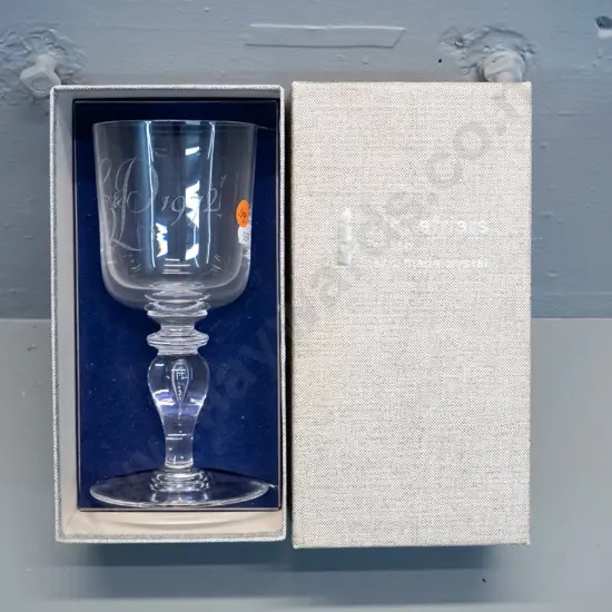 boxed Whitefriars hand-made etched crystal goblet: 1947-1972 Queen Elizabeth & Philip Silver Wedding H-190 D-80