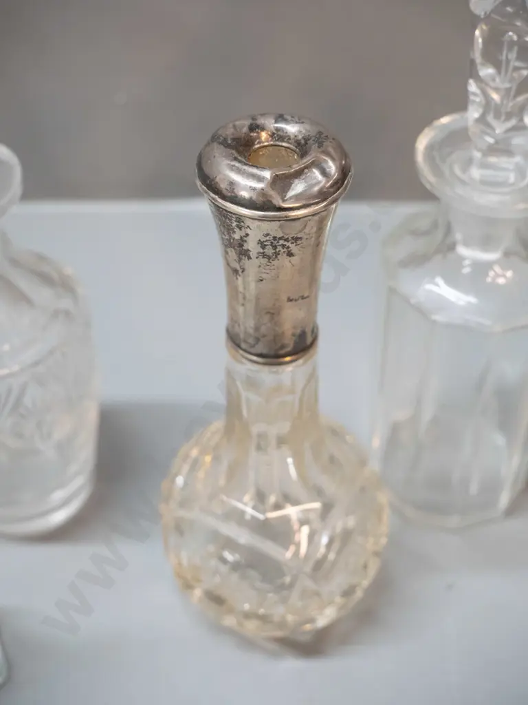 9 glass & lead crystal scent bottles, two with sterling silver collars, one w/ enamel, missing stoppers, a few w/ chips, Image 1++