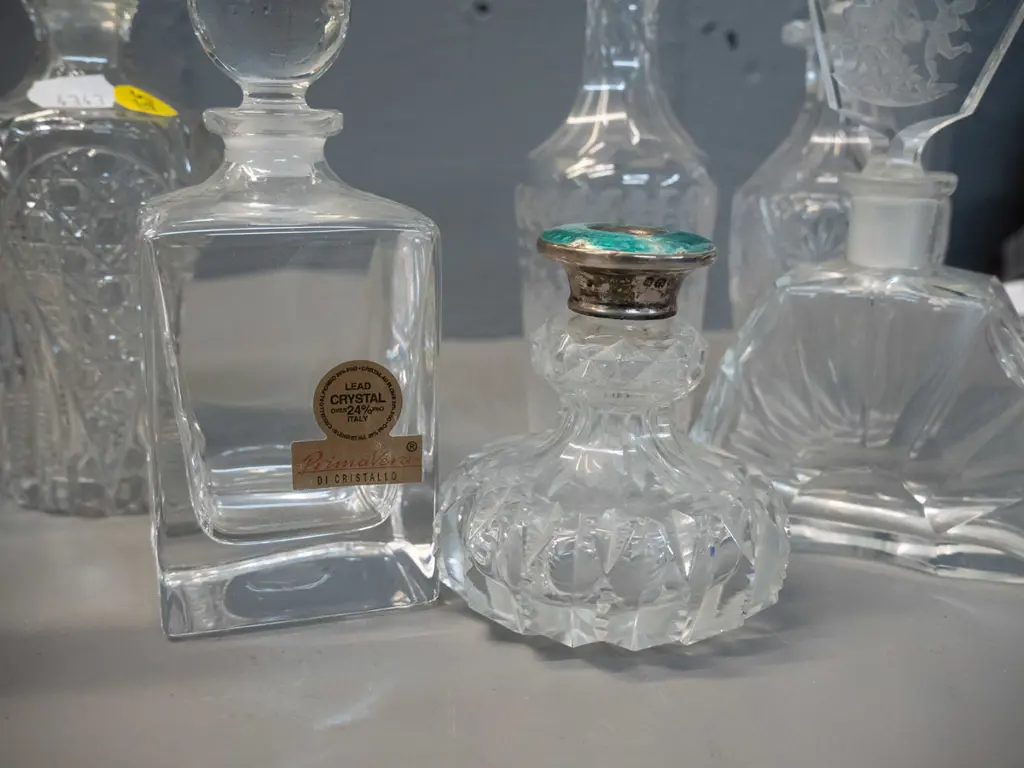 9 glass & lead crystal scent bottles, two with sterling silver collars, one w/ enamel, missing stoppers, a few w/ chips, Image 1++