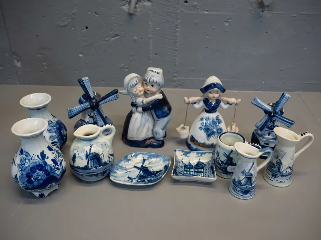 12 assorted small hand-painted Delft blue & white items - small jugs, vases, windmill ornaments, figurines, pin dishes. Image 1++