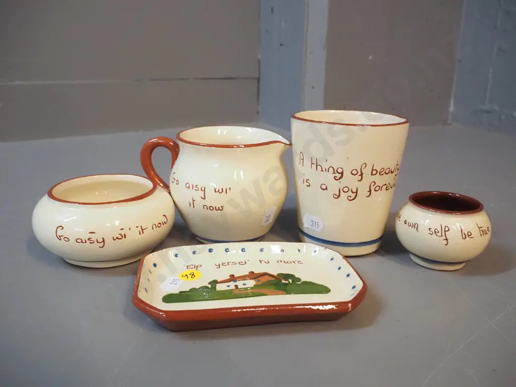 5 pieces of Torquay motto ware - beaker H-100, salt dish, pin dish, cream & sugar Image 1++