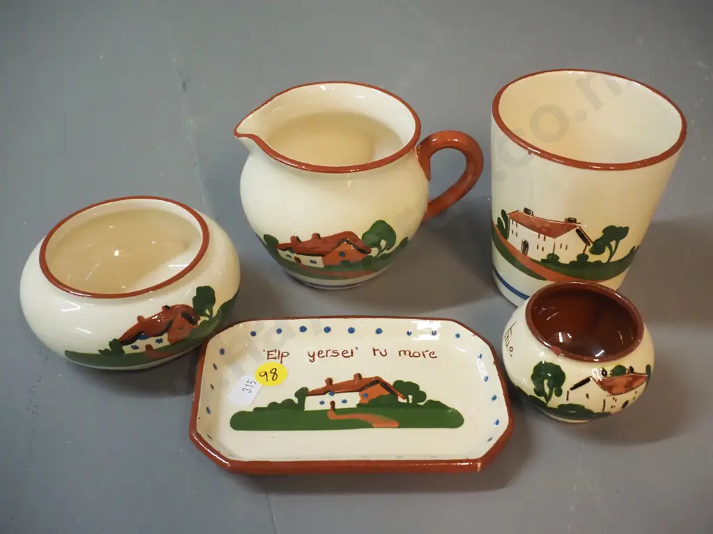 5 pieces of Torquay motto ware - beaker H-100, salt dish, pin dish, cream & sugar Image 1++
