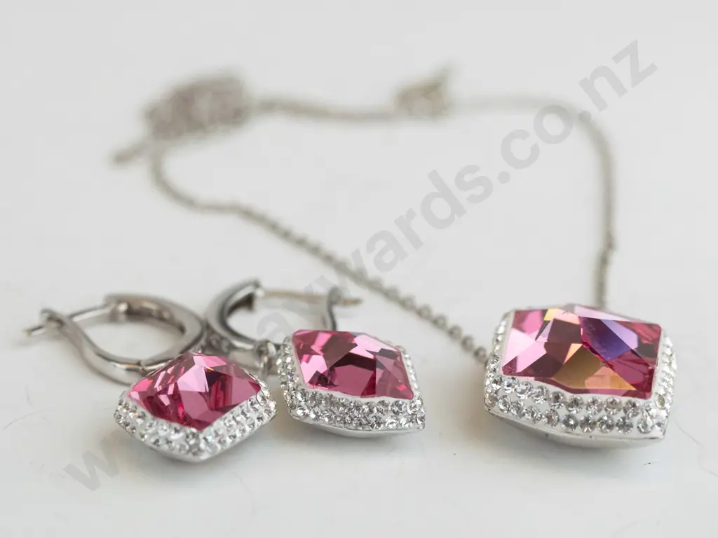 pink stone & cz necklace & earring set stamped 925 [chain is broken] Image 1++
