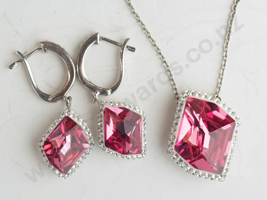 pink stone & cz necklace & earring set stamped 925 [chain is broken] Image 1++