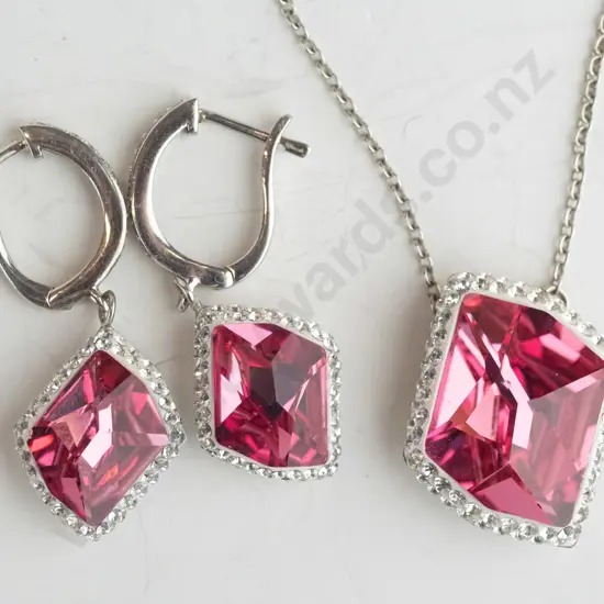 pink stone & cz necklace & earring set stamped 925 [chain is broken]