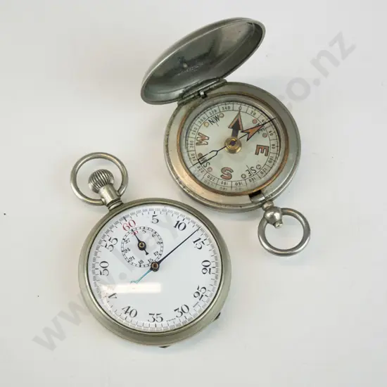 stopwatch marked Swiss Made and a pocket compass marked F. Barker & Co London 1917