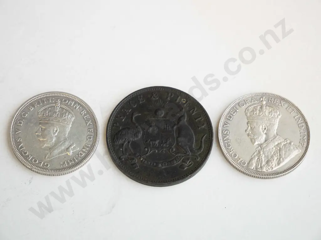 3 vintage coins - 1858 Melbourne / Victoria penny, Australian 1927 florin and Canada 1913 50 cent Image 1++
