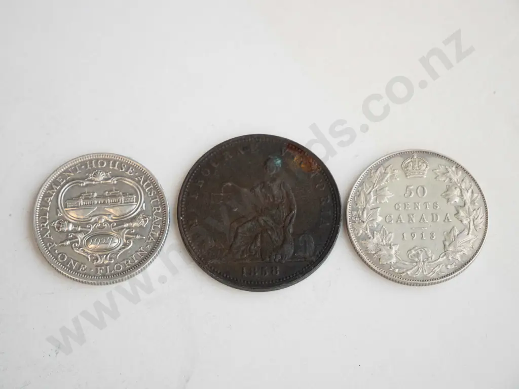 3 vintage coins - 1858 Melbourne / Victoria penny, Australian 1927 florin and Canada 1913 50 cent Image 1++
