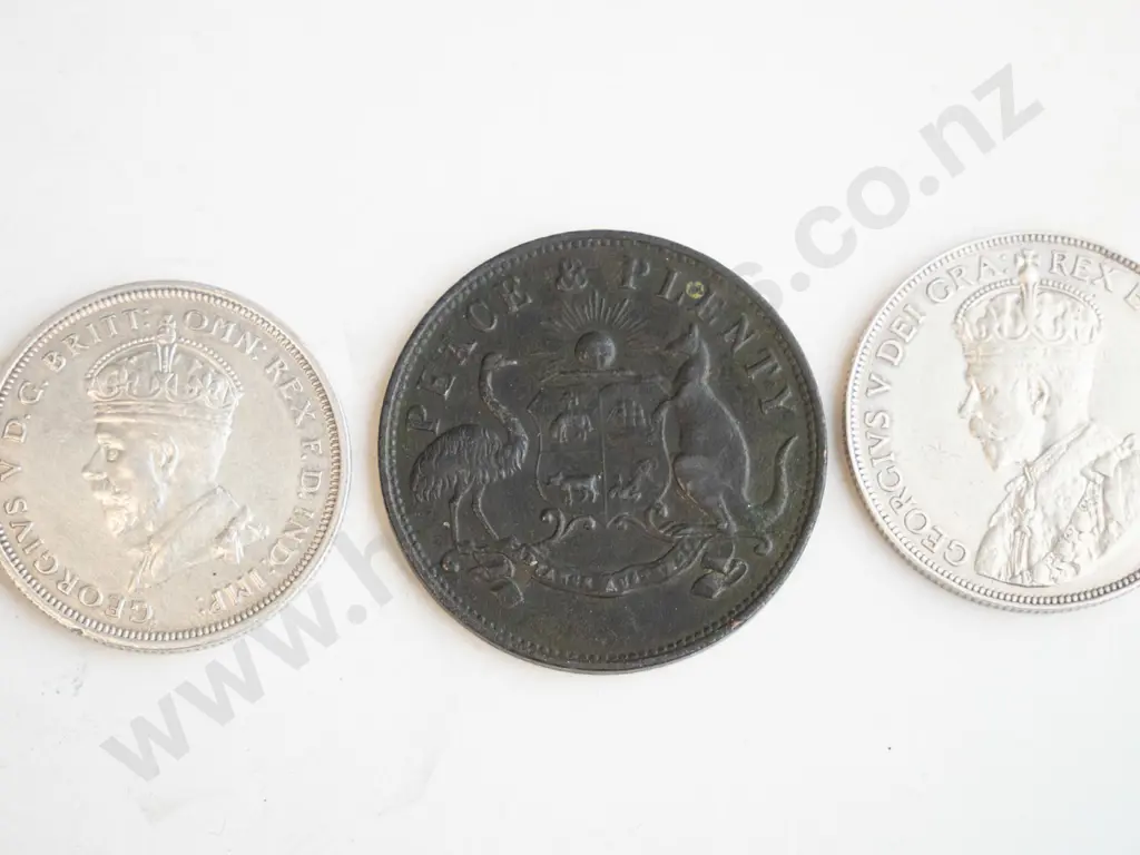 3 vintage coins - 1858 Melbourne / Victoria penny, Australian 1927 florin and Canada 1913 50 cent Image 1++