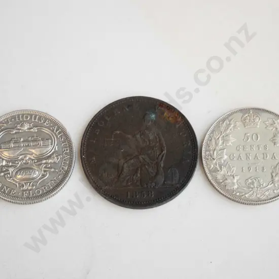 3 vintage coins - 1858 Melbourne / Victoria penny, Australian 1927 florin and Canada 1913 50 cent