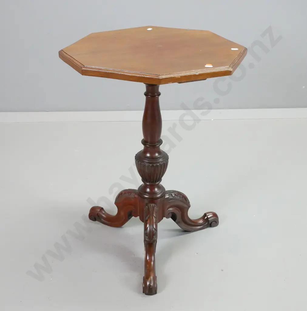 vintage mahogany octagonal top wine table on pedestal base, 3 carved cabriolet legs - some marks to top H630 D450 Image 1++